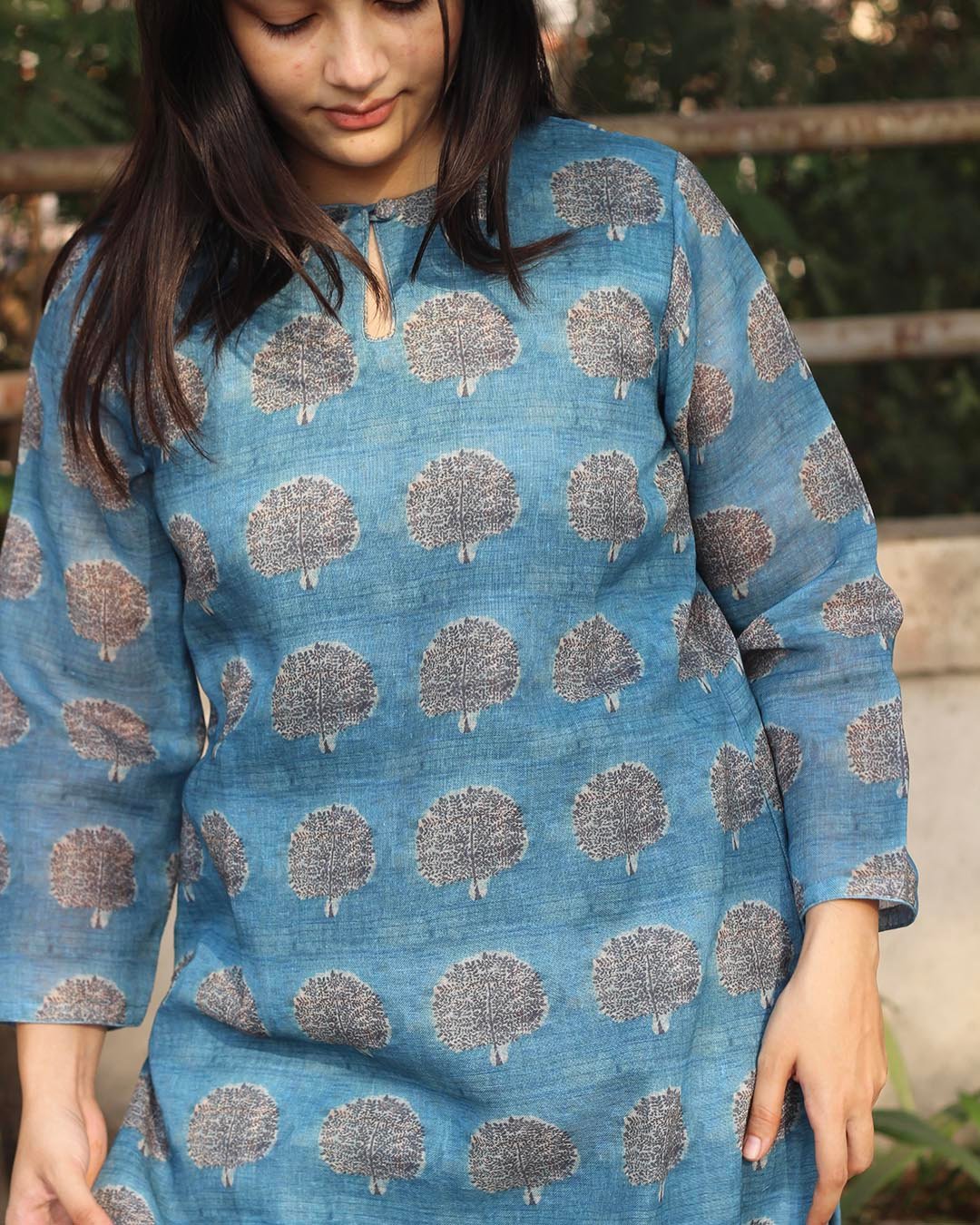 Mystic blue Printed Linen kurta with Lining
