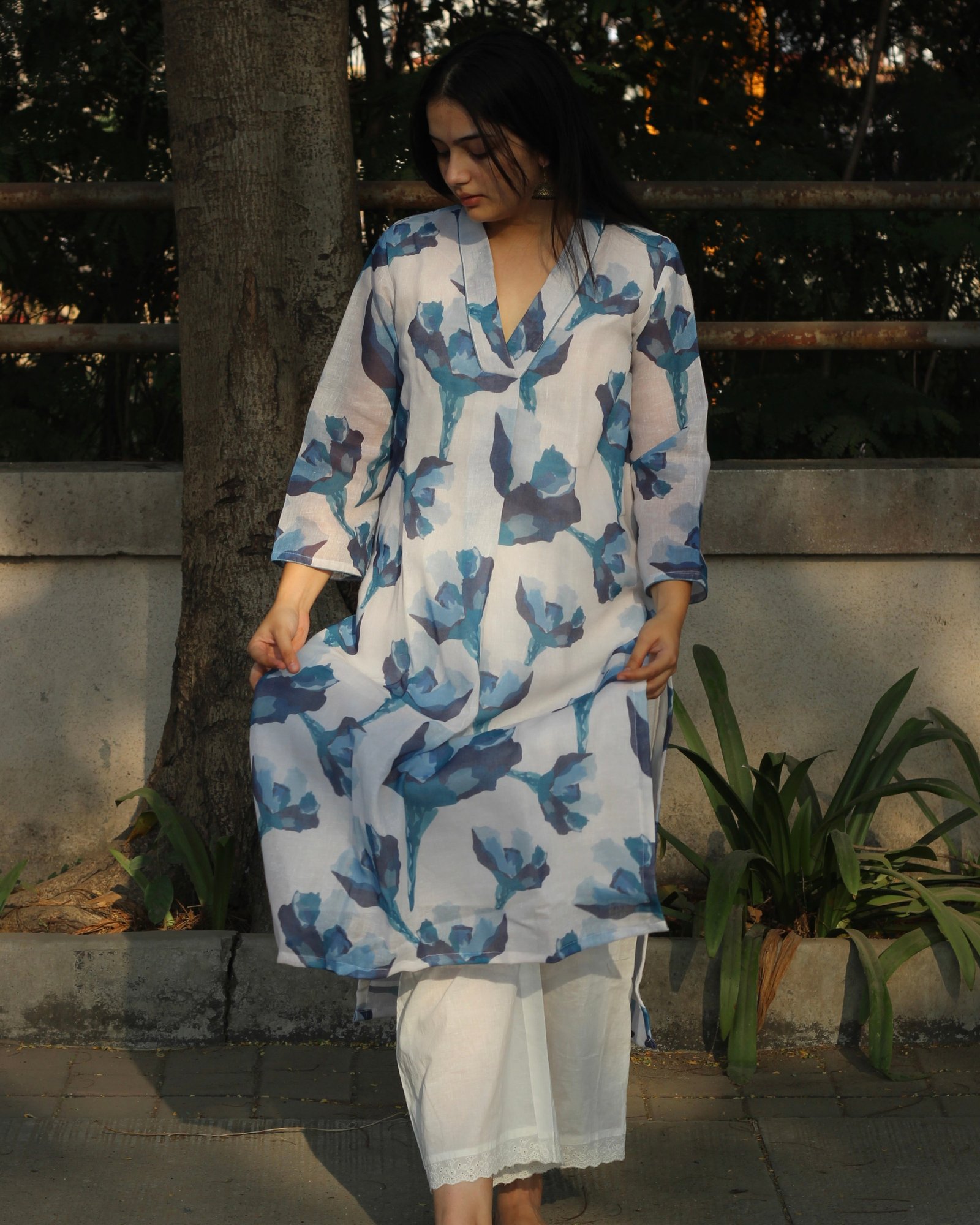 Fresh Floral White Linen kurta with lining