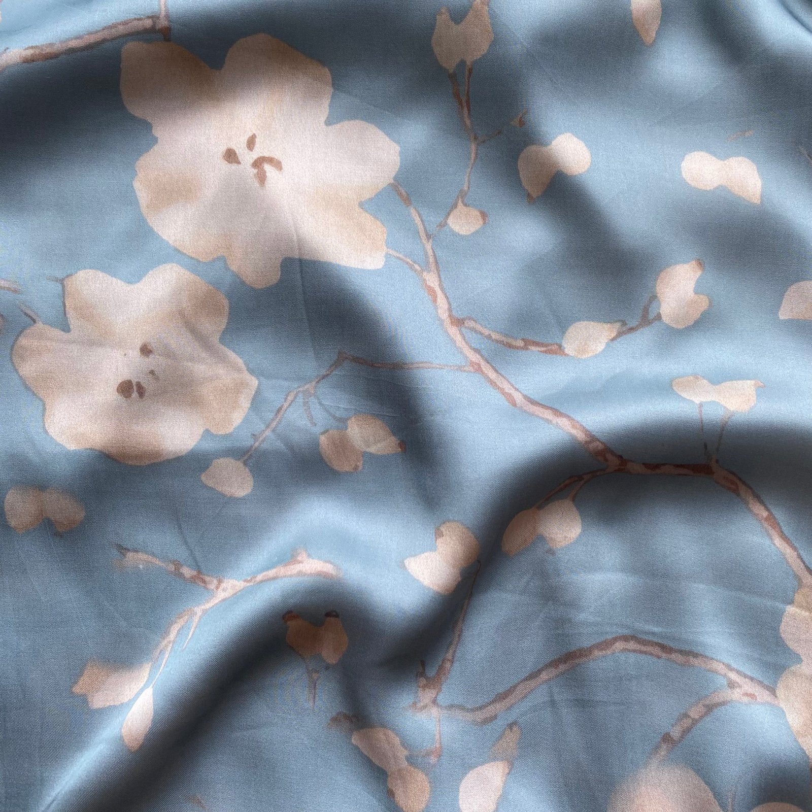 Floral Sky blue print on Modal satin fabric per meter - indiefabstore